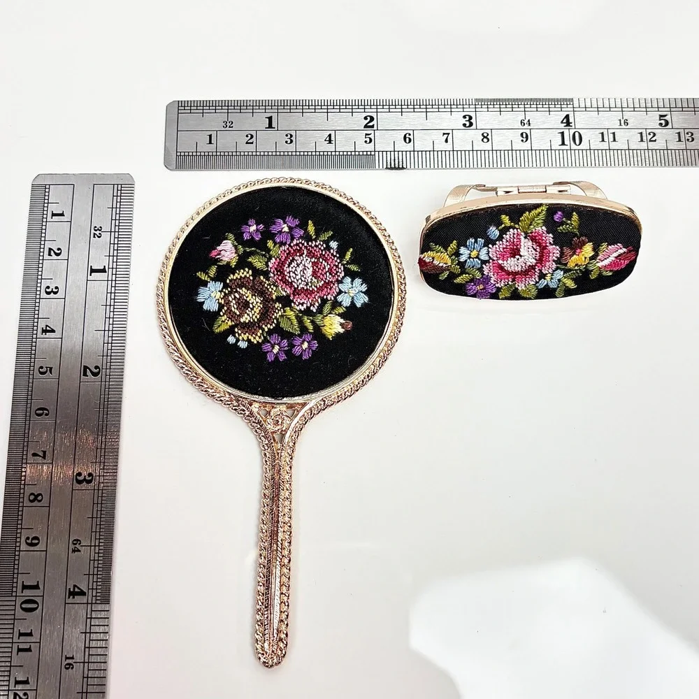 Vintage Austria Petit Point Floral Hand Mirror and Lipstick Case Vanity Set Gold